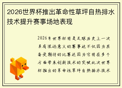 2026世界杯推出革命性草坪自热排水技术提升赛事场地表现