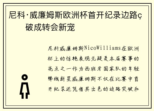 尼科·威廉姆斯欧洲杯首开纪录边路爆破成转会新宠