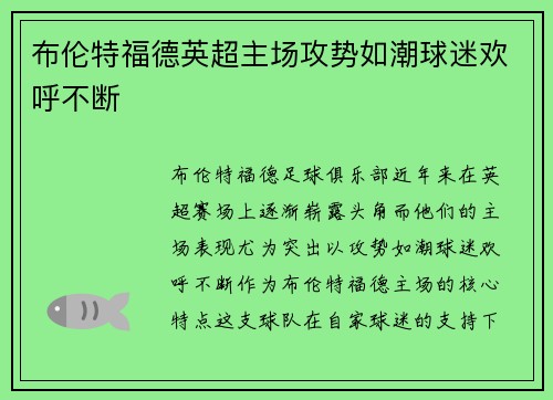 布伦特福德英超主场攻势如潮球迷欢呼不断 布伦特福德英超主场攻势如潮球迷欢呼不断